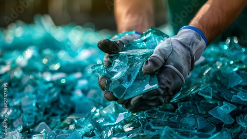 Glass Recycling Workshop: Sorting Broken Glass by Color with Safety Protocols. Concept Recycling, Glass, Workshop, Sorting, Safety photo