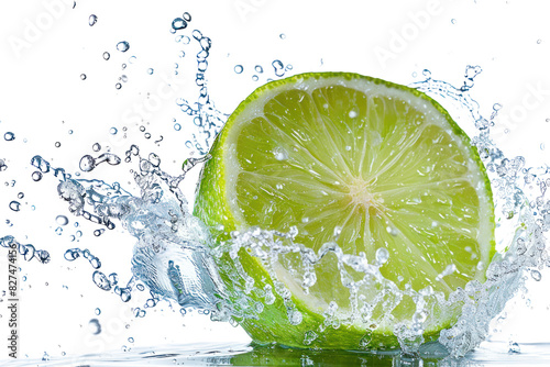 A burst of water droplets spraying from a lime being squeezed, revealing its juicy, translucent flesh, isolated on a white background.