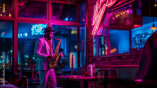 jazz musicians play the saxophone in a vibrant neon-lit cafe with bokeh effect in the background and glowing sign Live tonight