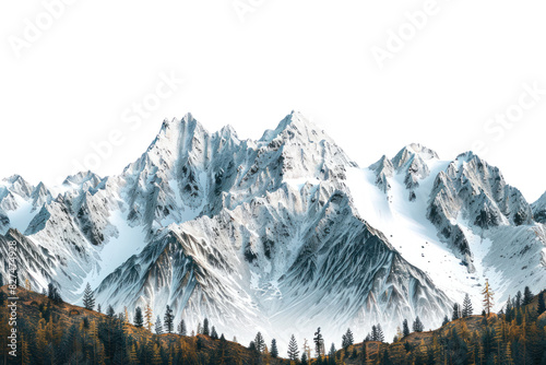 A breathtaking panorama of a snow-capped mountain range, with a vibrant treeline snaking along its base,.Isolated on white background. photo