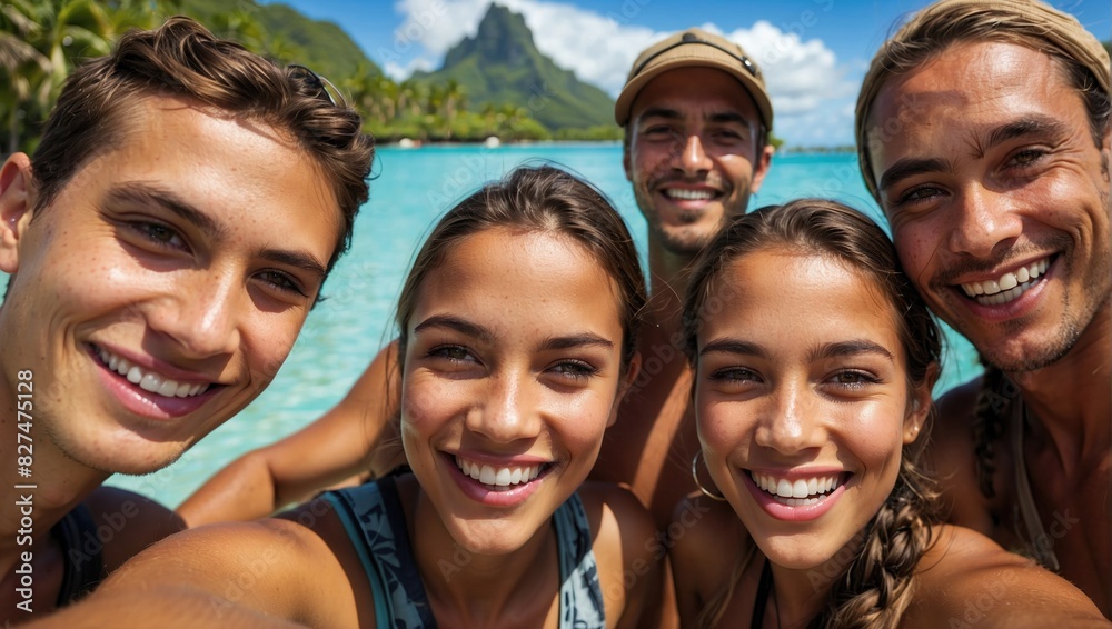 A group of friends takes a selfie at a tropical beach with clear blue water and lush green mountains in the background, showcasing their happiness and the scenic beauty of their vacation spot. A group of friends takes a selfie at a tropical beach with clear blue water and lush green mountains in the background, showcasing their happiness and the scenic beauty of their vacation spot.