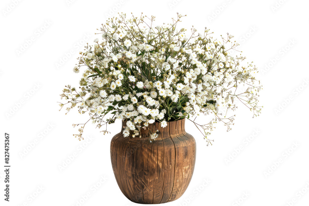 A bouquet of Gypsophila flowers arranged in a classic glass vase, exuding a timeless and sophisticated style.Isolated on white background A bouquet of Gypsophila flowers arranged in a classic glass vase, exuding a timeless and sophisticated style.Isolated on white background