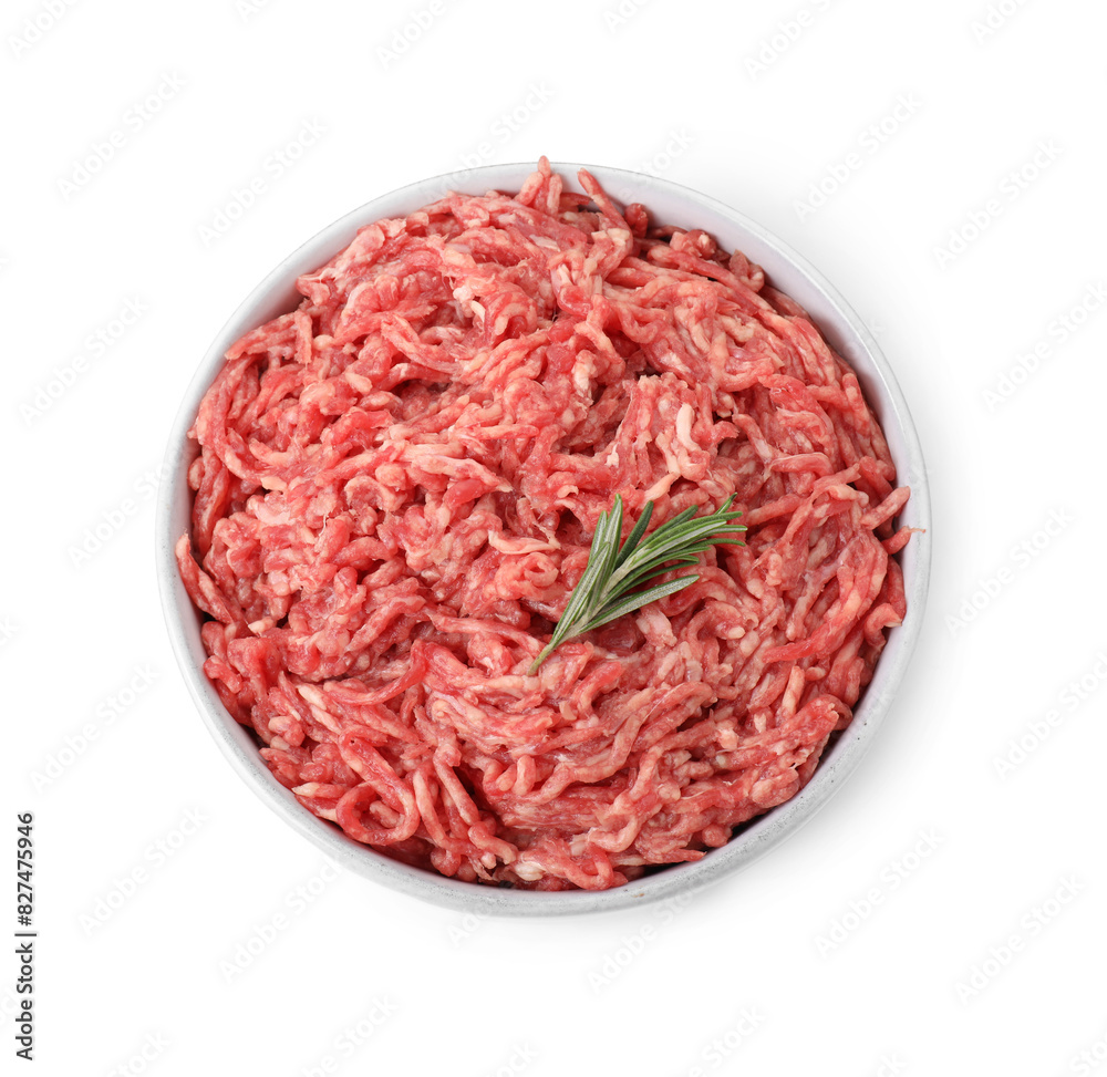Raw ground meat and rosemary in bowl isolated on white, top view Raw ground meat and rosemary in bowl isolated on white, top view