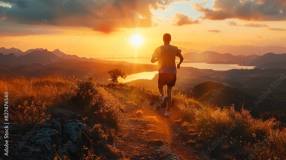 Athletic man running along a scenic trail at sunrise, with mountains in the distance and the sky painted in warm hues Athletic man running along a scenic trail at sunrise, with mountains in the distance and the sky painted in warm hues