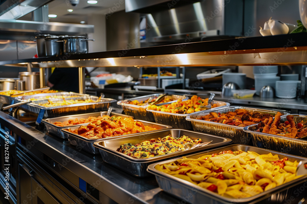Full service station with assortment of foods in trays. Full service station with assortment of foods in trays.