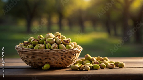 Wicker basket full of crunchy organic pistachios nuts after harvest, green pistachio trees on farm in the background