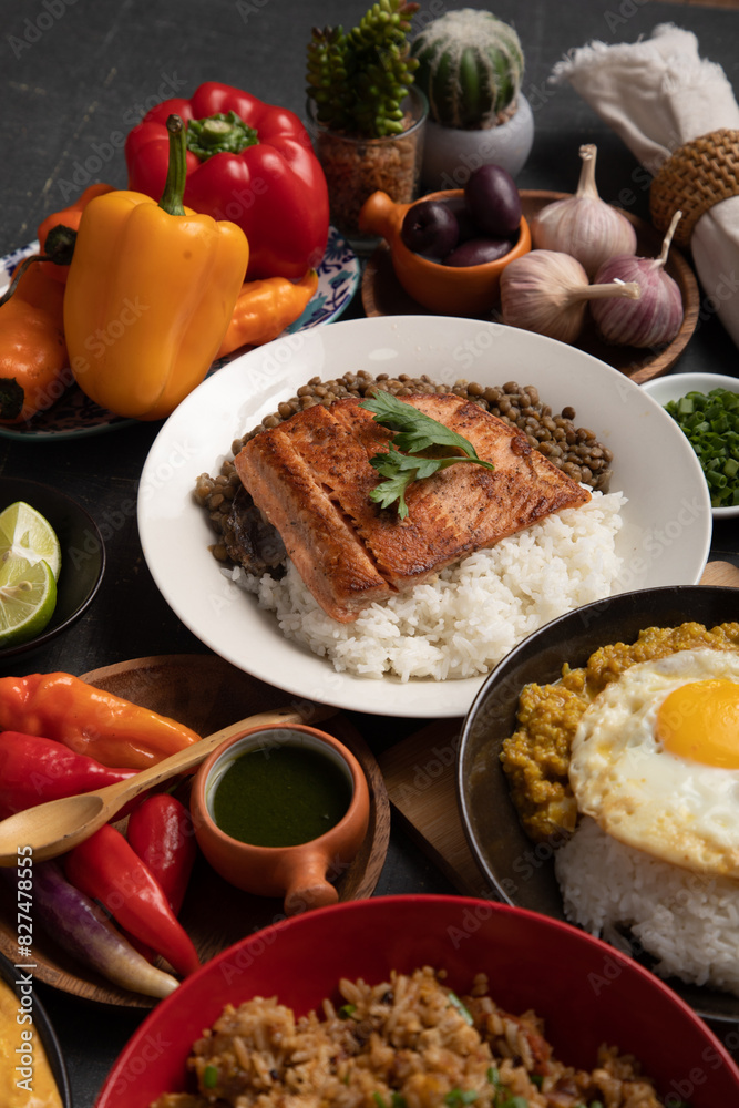 Buffet table full of lunch assorted dishes Peru Peruvian food