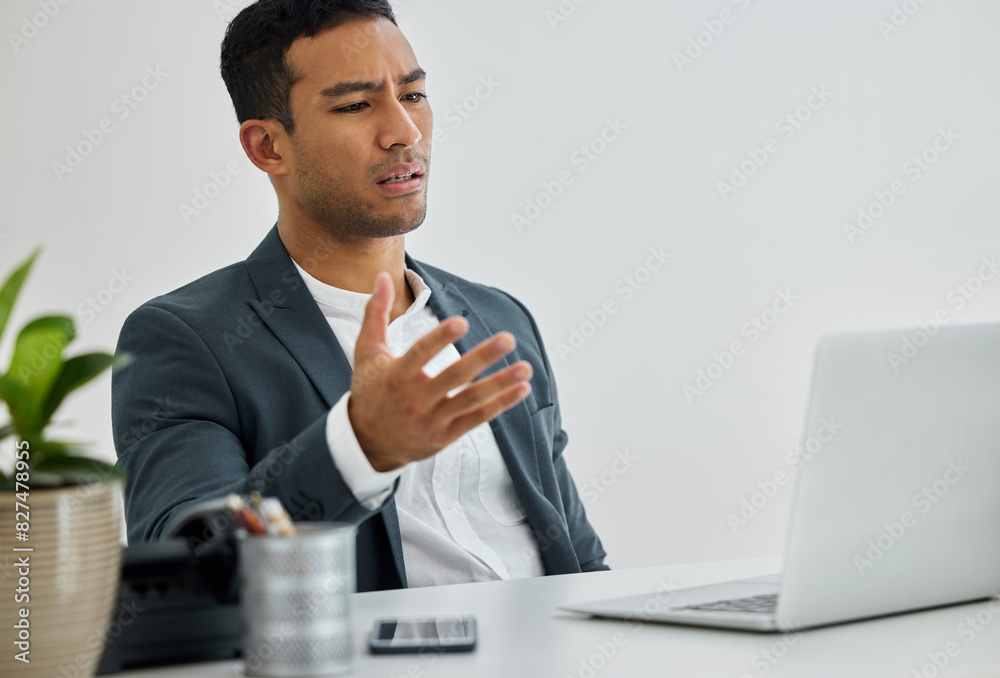Businessman, laptop and frustrated at desk with stress, online and internet for email in office. Technology, professional and corporate financial manager, stock market and loss of money in crypto Businessman, laptop and frustrated at desk with stress, online and internet for email in office. Technology, professional and corporate financial manager, stock market and loss of money in crypto