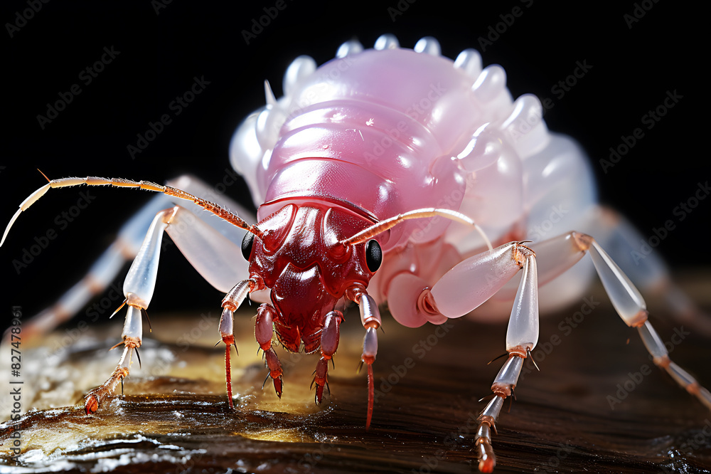 Light pink, white louse on a brown floor wood on black background ...