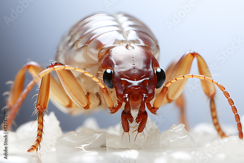 Brown, white louse on white floor wood on black background. Realistic animal insects clipart template pattern. Lice are insects with piercing and sucking mouthparts. Sucks and feeds on blood.	 photo