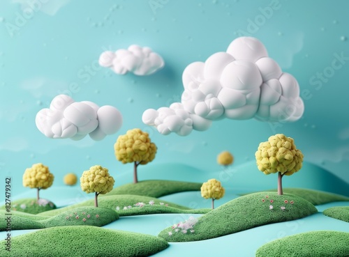 Cartoon illustration of green hills and yellow trees under a blue sky with white clouds