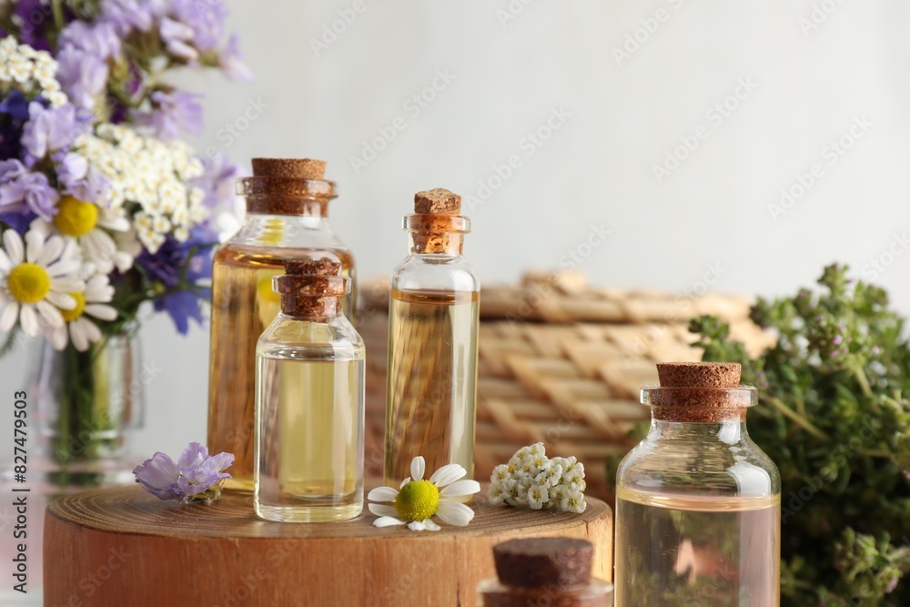 Aromatherapy. Different essential oils and flowers on against light background Aromatherapy. Different essential oils and flowers on against light background