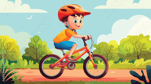 Boy ride bicycle. Active kid outdoor side view Cartoon