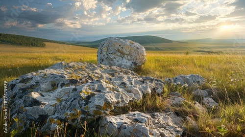 Single grey rocks adorn the landscape hills photo