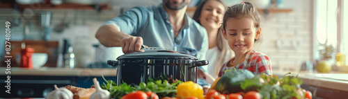 Photo realistic portrayal of a family utilizing a slow cooker, showcasing economical and time saving advantages of affordable meal preparation, against a high resolution glossy bac photo