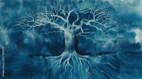 Yggdrasil tree of life vintage style cyanotype grunge texture blue color scheme, norse mythology Nordic rune fantasy  photo