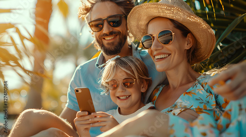 Family Enjoying Summer Sale App High Resolution Image of Digital Deal Hunting with Glossy Backdrop, Illustrating Convenience and Excitement of Finding Deals Online