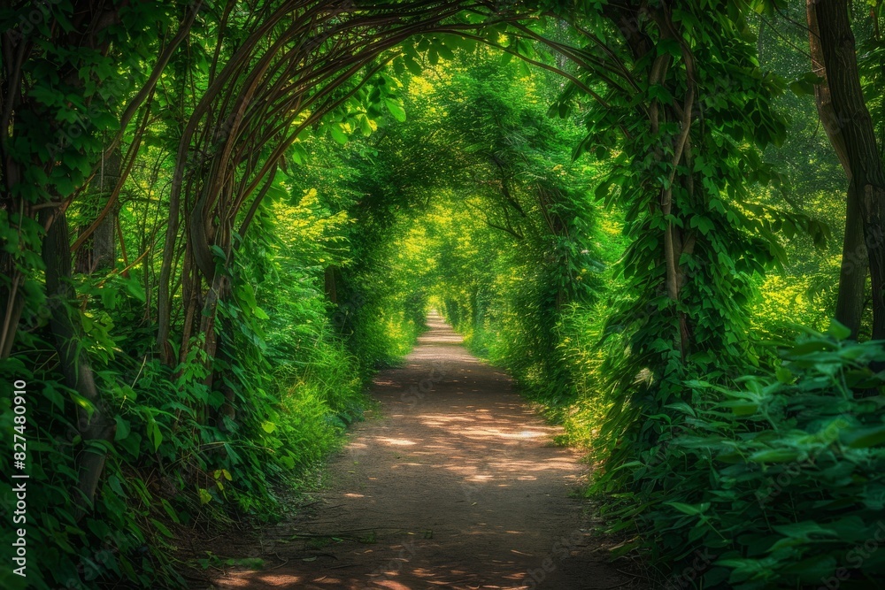 Fototapeta premium Green Foliage, Mysterious Summer Forest Tunnel, Sunny Path in Dense Vegetation, Copy Space