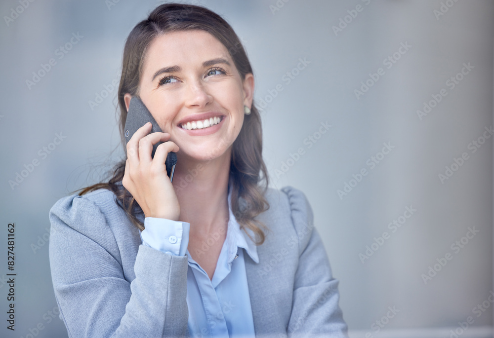 Thinking, phone call and woman in office with networking for job opportunity, virtual meeting and future career goals. Thoughts, corporate girl and mobile hello with feedback discussion for business Thinking, phone call and woman in office with networking for job opportunity, virtual meeting and future career goals. Thoughts, corporate girl and mobile hello with feedback discussion for business