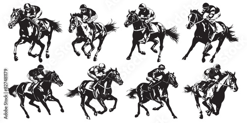 group of horses silhouettes isolated on white, horse rider, horse racing, jokey