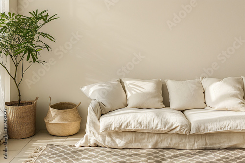 A white couch sits in a room with a white wall and a plant © Erik González