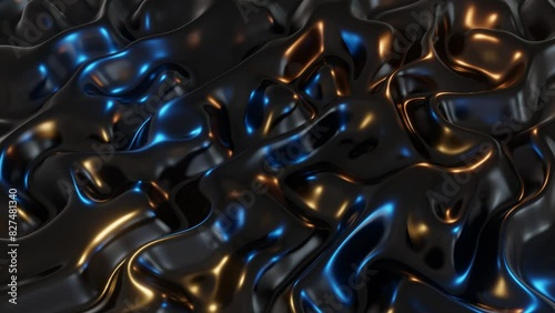 Black sticky fluid moving in a seamless loop motion under yellow and blue lights. 3D rendering as background for video clips and presentation