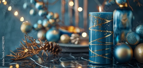Chic blue candle decoration accented by gleaming golden lines  exuding style and glamour. 