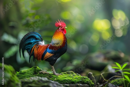 a colorful rooster standing on a mossy rock © Vasile