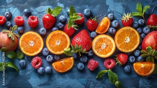 A colorful assortment of fruits including oranges  strawberries  blueberries  and raspberries. Concept of freshness and abundance  with the vibrant colors of the fruits creating a lively