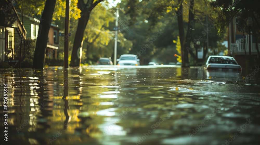 Fototapeta premium Flood in a small town. Water covered the city streets. In the background are flooded cars and houses. Natural disaster
