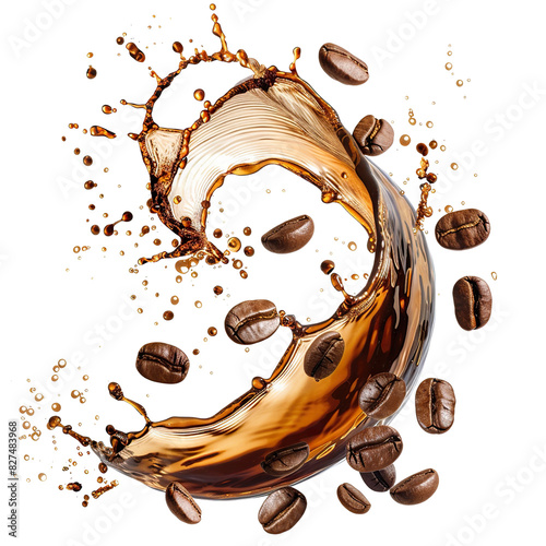 Roasted coffee beans splashing in delicious coffee, cut out photo