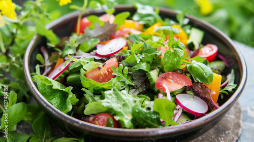 Fresh summer salad of tomatoes, radishes, bell peppers and salad greens, dressed with olive oil. Clay deep bowl with salad on the table in nature. Summer freshness