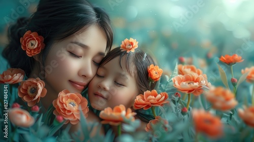 Happy mothers day mom with little daughter in flowers field closed eye