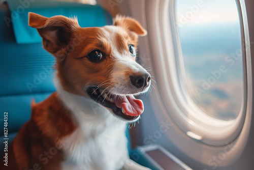 A cute happy dog in an airplane cabin