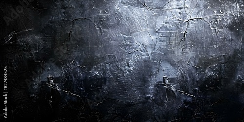 Distressed black wall with white dust scratches and cracked texture details. Concept Textured Walls, Distressed Surfaces, Monochrome Interior Design, Industrial Aesthetic, Urban Decay photo