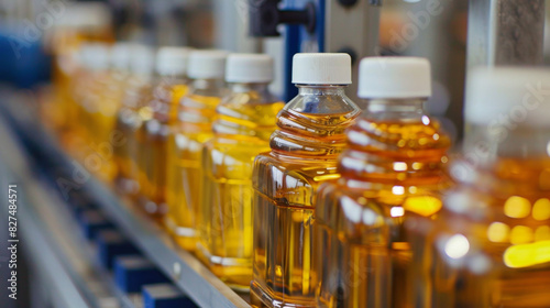 Close-up of a bottling line in an edible oil factory  showcasing the production process with rows of filled oil bottles. Bottling Line in Edible Oil Factory  