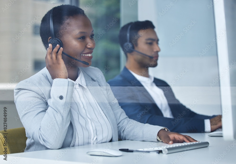 Businesswoman, call center and office with computer, headset and team for communication in company. Telemarketing, operator and consultant with customer service for tech support, smile and web crm. Businesswoman, call center and office with computer, headset and team for communication in company. Telemarketing, operator and consultant with customer service for tech support, smile and web crm.
