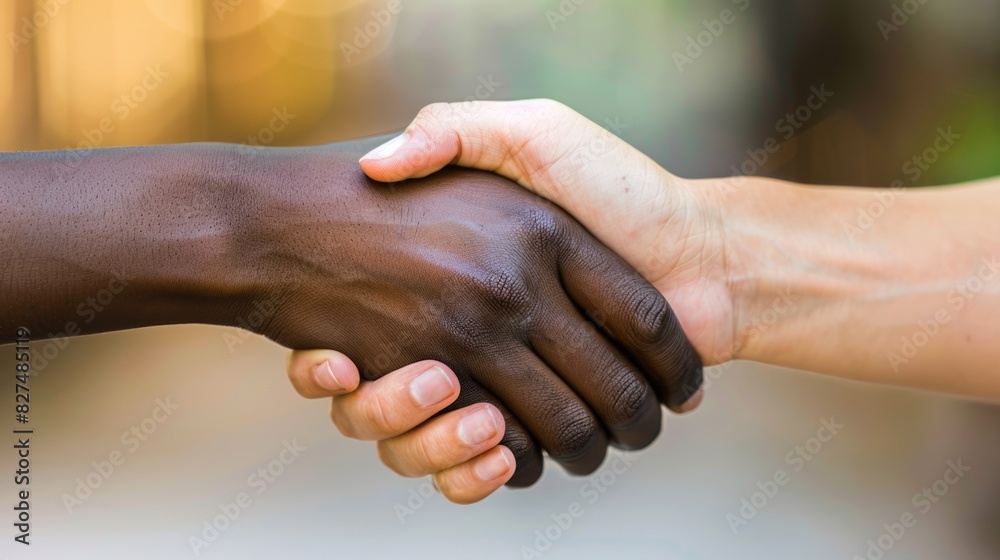 Close-up diverse hands firm handshake. Unity and people diversity. Partnership, equality, community. Different countries cooperation, mutual respect. African American person shake hand Caucasian man. Close-up diverse hands firm handshake. Unity and people diversity. Partnership, equality, community. Different countries cooperation, mutual respect. African American person shake hand Caucasian man.