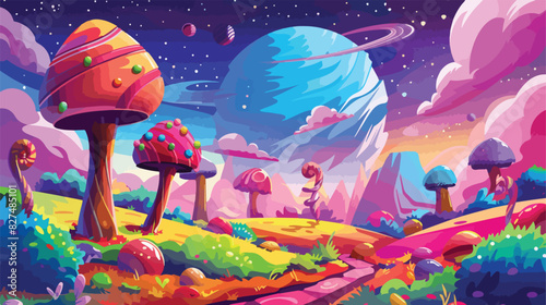 Candy planet landscape. Sweet space wonderland game background