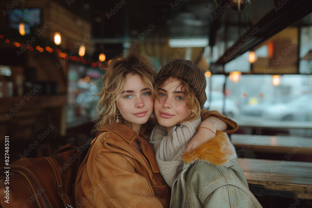 Twins sit together and look at the camera.