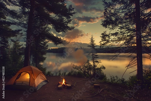 A peaceful campsite in the heart of the woods at dawn  with a tent set up near a serene lake  a campfire gently smoking  and the first light of the day filtering through the trees.