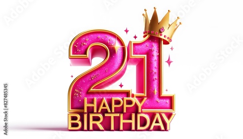 Sparkling 21st Birthday Celebration with Pink Glittery Number and Golden Crown on Light Background