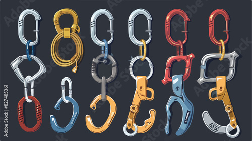 Carabiner clasps. Metal clips and claws clasp set vector