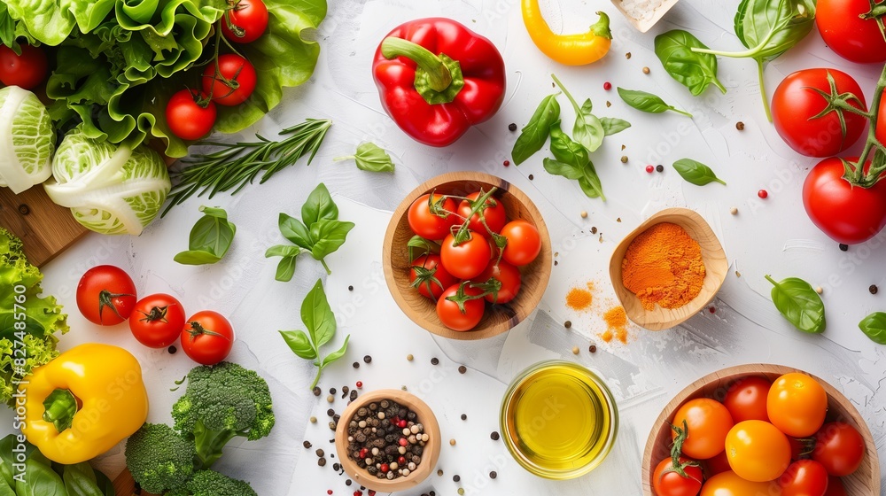 White table with fresh ingredients for summer salad. Cucumbers, tomatoes, different types of cabbage, peppers and seasonings. View from above White table with fresh ingredients for summer salad. Cucumbers, tomatoes, different types of cabbage, peppers and seasonings. View from above