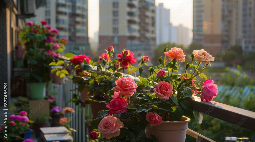 Colorful blooming roses at a little balcon. Generative AI