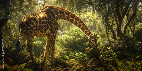 An image of a graceful giraffe grazing on the leaves of acacia trees  with its long neck stretched high to reach the foliage