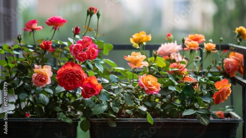 Colorful blooming roses at a little balcon. Generative AI