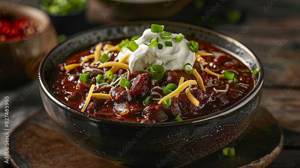 Hearty beef chili topped with shredded cheese, sour cream, and chopped green onions. Hearty beef chili topped with shredded cheese, sour cream, and chopped green onions.