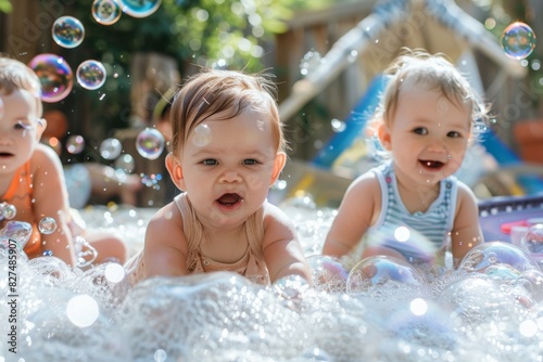 : Babies Enjoying a Bubble Sensory Play Session Outdoors © NURULAINAA