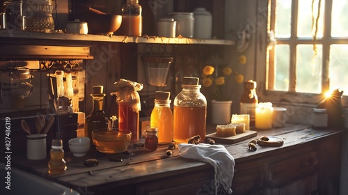 A rustic kitchen shows bee products like honey, propolis, royal jelly, and wax candles, glowing in sunlight. photo